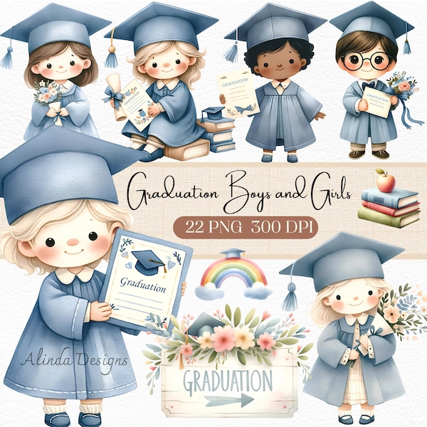 Graduation Boys and Girls Clipart, Boys and Girls in Caps and Gowns, Class of 2024, Printable Grad Party Decor, Preschool, Students, Diploma