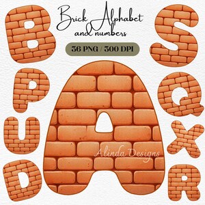 May include: Brick alphabet and numbers clipart set. The letters B, P, U, O, A, S, Q, X, and R are made of orange brick textures. The text "Brick Alphabet and numbers" and "36 PNG / 300 DPI" is at the top of the image. The text "Alinda Designs" is at the bottom of the image.