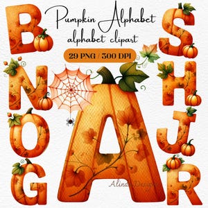 May include: A collection of watercolour alphabet clipart, each letter adorned with pumpkins, leaves, and vines. The letters are in autumnal orange and brown tones. The image includes the text "Pumpkin Alphabet alphabet clipart".