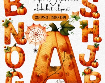 Pumpkin Alphabet Clipart: Fall Halloween Font PNG Digital Download
