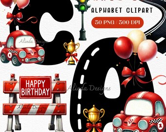Race Car Alphabet Clipart, Boy Birthday Letters PNG