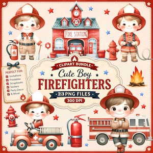 Boy Firefighter Clipart PNG, Fireman Kids Clipart, Fire Truck Graphics