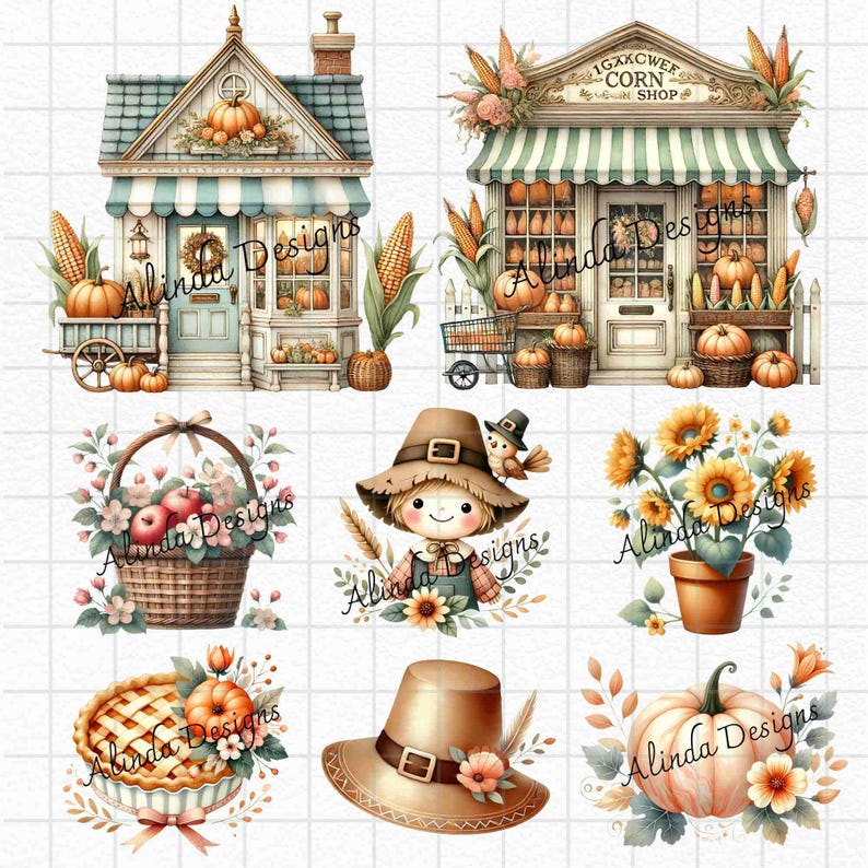 Watercolor Fall Harvest Clipart, Thanksgiving Clipart, Autumn Leaves, Pumpkins and Harvest Elements, DIY Projects, Junk Journal Thanksgiving