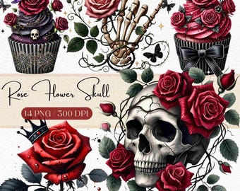 Vintage Rose Skull Clip Art: Gothic Floral Illustration (Digital Download)