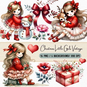 Weihnachten kleine Mädchen Vintage Clipart, Retro Urlaub Illustrationen, niedliche festliche Kunst für Karten, Kunsthandwerk und Dekor, sofortiger digitaler Download