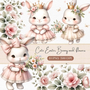 Lindo conejito de Pascua y flores Clipart, Ilustraciones de primavera, Tarjetas de Pascua, clipart de Pascua, clipart de conejo, Invitaciones, Scrapbooking, Manualidades