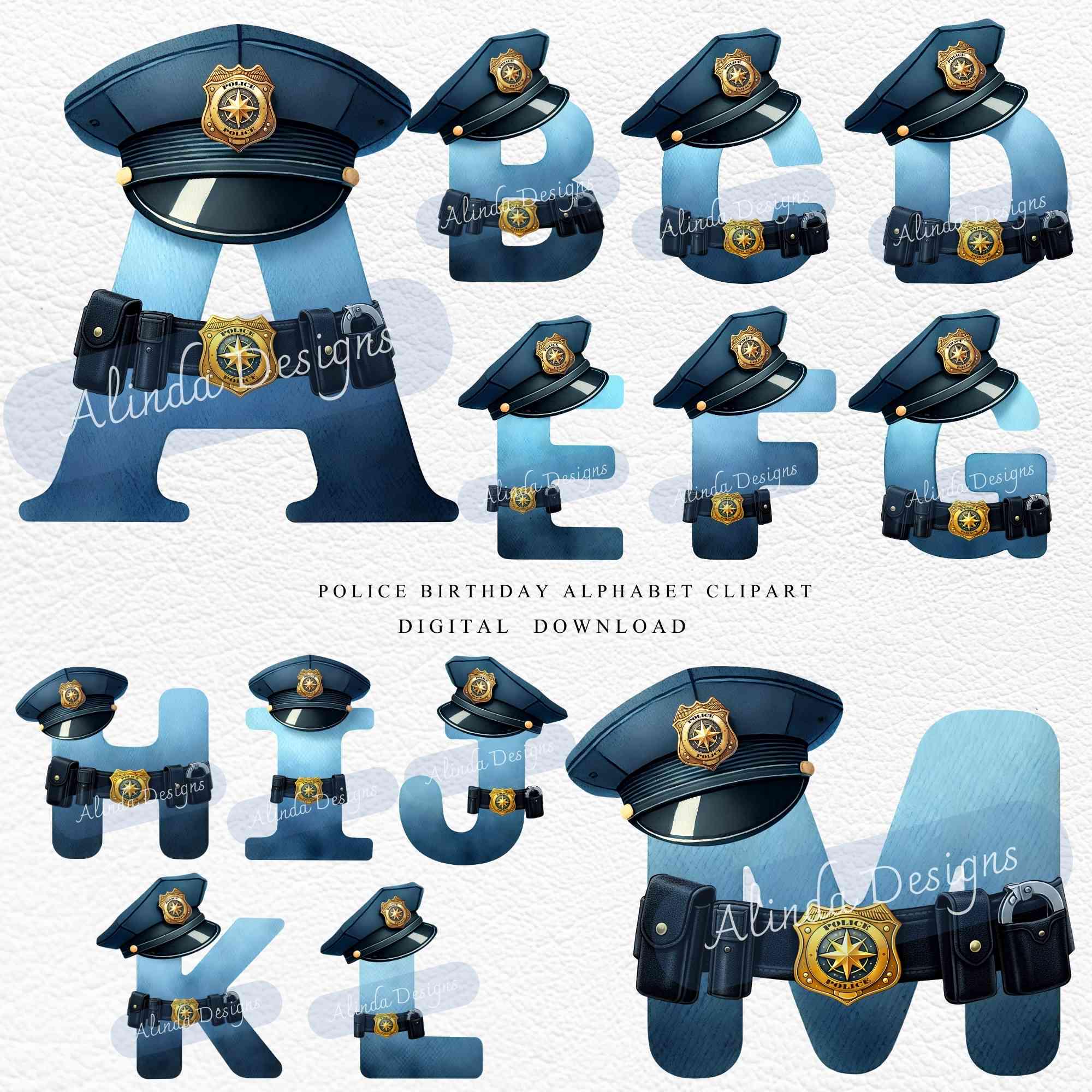 Police Birthday Alphabet Clipart, Blue Officer Letters PNG for Boys ...