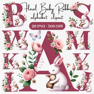 Alfabeto de conejo bebé floral, imágenes prediseñadas, letras PNG de conejita para el Día de la Madre, regalos para baby shower, manualidades de decoración imprimibles, monograma de conejo