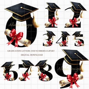 Graduation Alphabet Letters & Numbers PNG, Black Cap Diploma Clipart, Class of 2024 Printable, Senior Year Sublimation, Graduation party Decor, Numbers Clipart