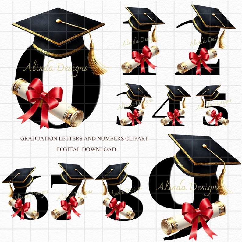 Graduation Alphabet Letters & Numbers PNG, Black Cap Diploma Clipart, Class of 2024 Printable, Senior Year Sublimation, Graduation party Decor, Numbers Clipart