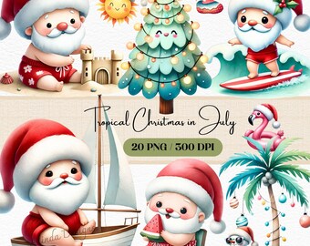 Tropische kerstclipart: strandkerstman, palmbomen (digitale download, png )