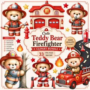 Firefighter Teddy Bear Clipart Bundle PNG, Cute Fireman Bear, Fire Station Clipart, Fire Truck, Kids Firefighter, Baby Boy Birthday, Fire Truck Birthday Party Decorations, Classroom Activities, Sublimation Projects