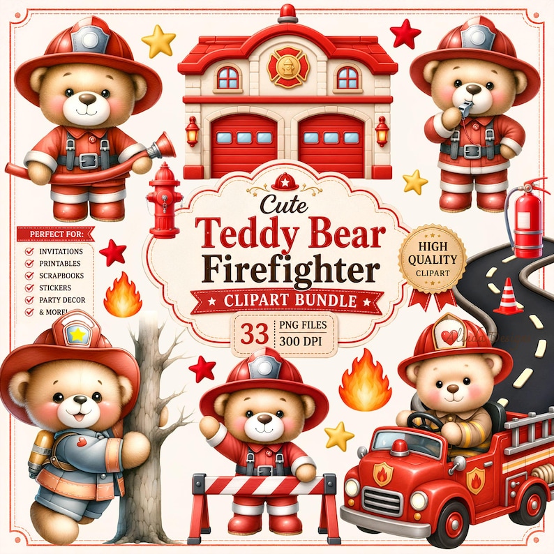 Firefighter Teddy Bear Clipart Bundle PNG, Cute Fireman Bear, Fire Station Clipart, Fire Truck, Kids Firefighter, Baby Boy Birthday, Fire Truck Birthday Party Decorations, Classroom Activities, Sublimation Projects