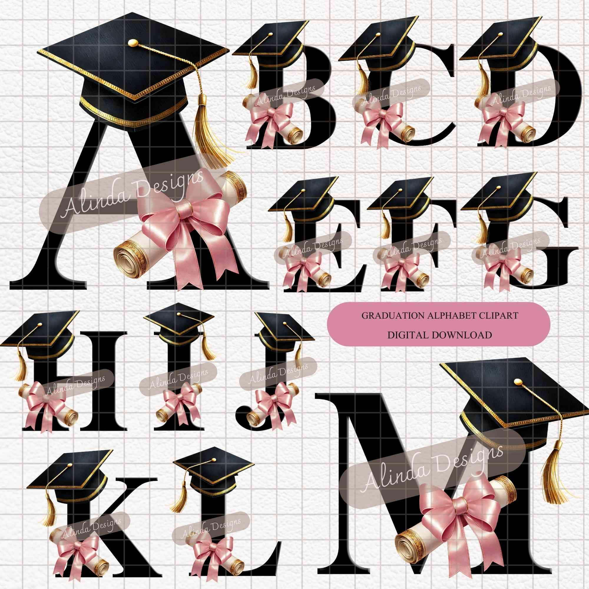 Graduation Alphabet Clipart: Black Letters, Pink Bows PNG Downloadable ...