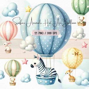 Safari Tiere Heißluftballon Clipart, süße Illustrationen von Dschungeltieren, Babyparty und Kinderzimmer Dekor, Karte, Wandkunst, digitaler Download