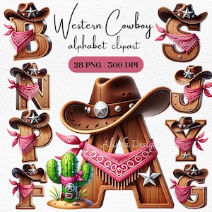 Western Cowboy Alfabet PNG Clipart: Rustika träbokstäver digital nedladdning