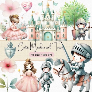 Cute Medieval Town Clipart, Medieval Village Illustrations, Fantasy Town Clipart for Digital Projects, Scrapbooking, and Crafts, DIY Card