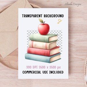 May include: A stack of four vintage-style books with a red apple on top. The books have gold accents and are on a transparent background. 300 DPI 3500 x 3500 px COMMERCIAL USE INCLUDED