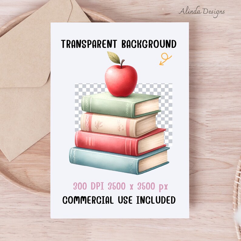 May include: A stack of four vintage-style books with a red apple on top. The books have gold accents and are on a transparent background. 300 DPI 3500 x 3500 px COMMERCIAL USE INCLUDED
