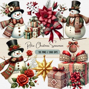Retro Christmas Snowman Clipart: Vintage Holiday Graphics (PNG, Digital Download)