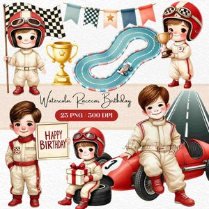 Aquarel raceauto verjaardag clipart, decor kinderfeest, instant download, raceauto thema afdrukbare, jongens verjaardagsfeestje kunst, DIY-uitnodigingen