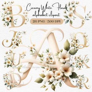 Clipart di lettere di fiori bianchi crema, elegante alfabeto floreale, inviti di nozze, decorazioni per la cameretta dei bambini, scrapbooking, artigianato, alfabeto di San Valentino