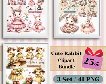 Pacchetto di clipart di conigli acquerellati, illustrazioni di conigli (download digitale)