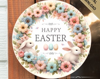 Bunny Easter Wreath Sign: Floral Spring Design (Digital Download)