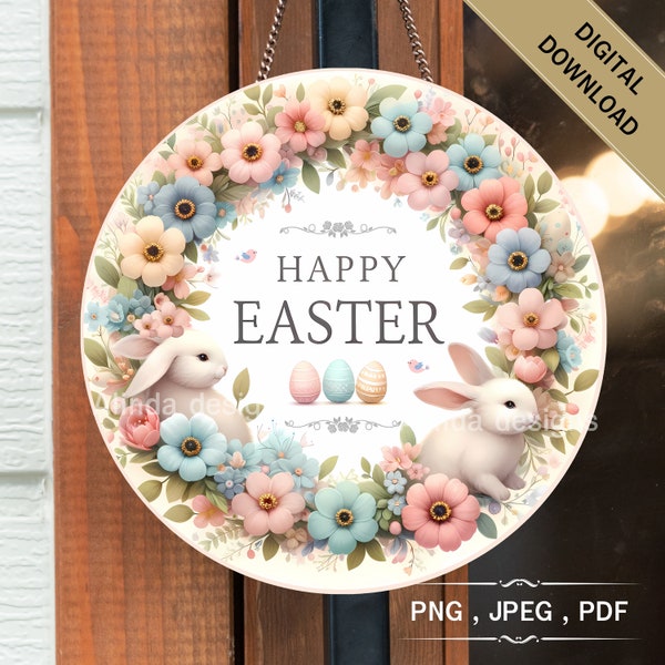 wreath sign design, bunnies wreath attachments, easter wreath sign digital, sublimation design, happy easter sign, easter digital paper png,