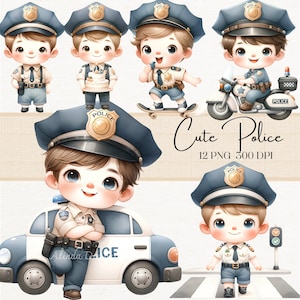 Akwarela Słodkie Policja Clipart dla Dzieci, Cyfrowe Pliki PNG, clipart policja, Oficer, Odznaka Ilustracje do Rzemiosła i Dekoracji, urodziny policja