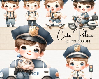 Watercolor Police Clipart, Kids Illustrations (Digital PNG Files)