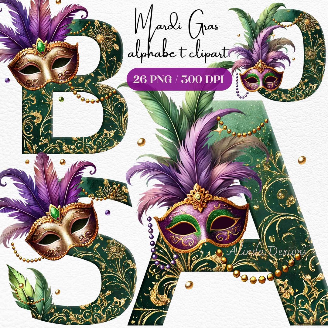 Mardi Gras Alphabet Clipart: Gold Masquerade Letters (PNG) - Etsy