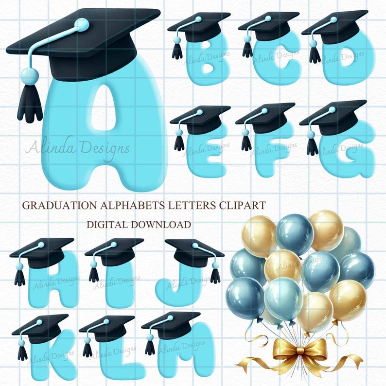 Graduation Alphabet Clipart, Blue and Gold Letters With Graduation Caps ...