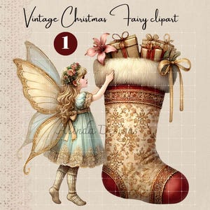 Clipart de fadas de Natal vintage, feriado elegante, cartões de felicitações de feriado, arte de parede de Natal, etiquetas de presente, adesivos, scrapbooking, diário