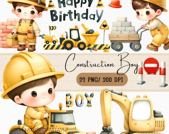 Watercolor Construction Clipart: Vehicles, Birthday Theme (PNG Digital Download)