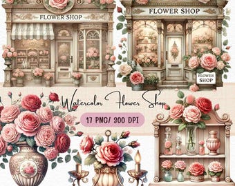 Clipart di un negozio di fiori ad acquerello: illustrazioni di un negozio di fiori (PNG)