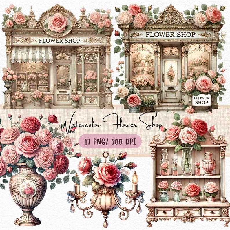 Watercolor Flower Shop Clipart, Floral Store Illustrations, Romantic