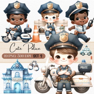 Clipart z akwarelami, materiały edukacyjne, dekoracje na imprezę, clipart policja, oficer, ilustracje odznak do rzemiosła i dekoracji, urodziny