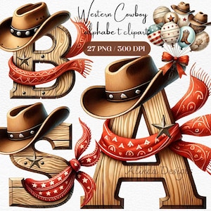 Clipart de alfabeto de cowboy ocidental, letras de madeira rústica com chapéus de cowboy e bandanas, 27 PNGs para artesanato DIY, convites para decoração de festa, artesanato
