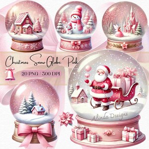 May include: Set of 20 pink Christmas snow globes with various winter scenes, including a gingerbread house, a snowman, a fairy, Santa Claus, and a winter village. The snow globes are 300 DPI and are available as PNG files.