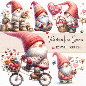Valentine’s Love Gnomes Clipart, Cute Romantic Gnome Illustrations, 12 PNG Cards, Invitations & Love-Themed Crafts, cute gnome illustration