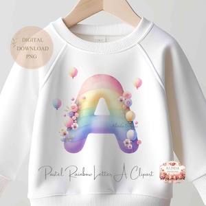 パステルレインボーの文字Aのクリップアート、かわいいバルーンフラワーのアルファベット、ベビーシャワーの招待状、誕生日パーティーの装飾、保育園のプリント、子供用Tシャツ