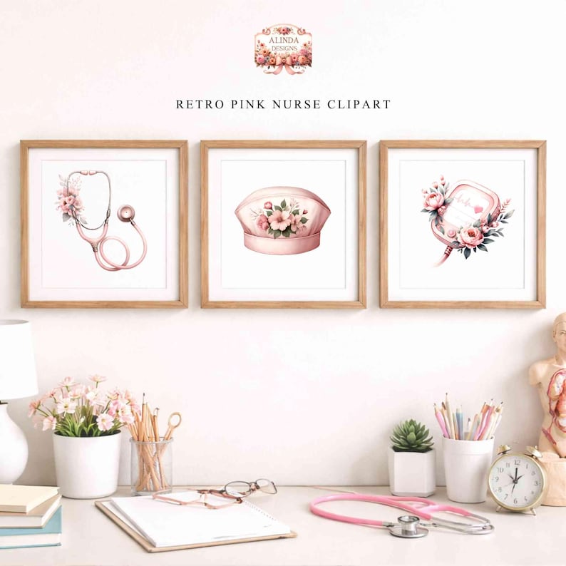Retro Pink Nurse Clipart, Floral Nurse Clipart PNG, Pink Medical Nurse Bundle, Stethoscope, Nurse Cap, Medical Cross, Healthcare Digital Download, Nurse appreciation gifts, T-shirts & sublimation designs, Stickers & scrapbooking