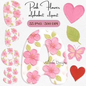 Alfabeto de flores rosas, letras florales pintadas a mano PNG, ABC romántico de primavera, invitaciones de boda, decoración de baby shower, letra para habitación de bebé