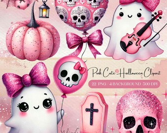 Różowy Halloweenowy Klipart, Dziewczęcy Duch, Czaszka, Dynia PNG