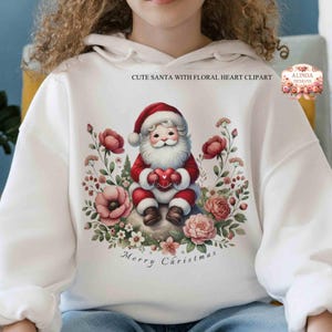 Papai Noel fofo com flores clipart, aquarela de natal PNG, arte de sublimação de feriado, convites para festas, etiquetas de presente, designs para camisetas