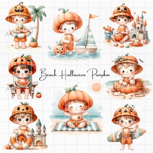 Beach Halloween Pumpkin Clipart: Tropical Coastal Art (PNG Digital Download) image 4