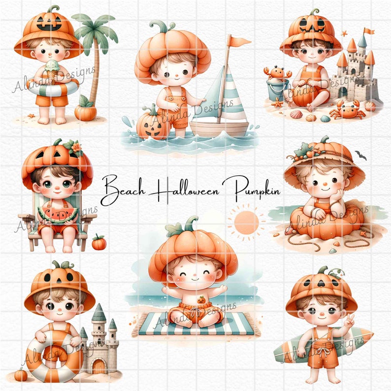 Beach Halloween Pumpkin Clipart: Tropical Coastal Art (PNG Digital Download) image 4