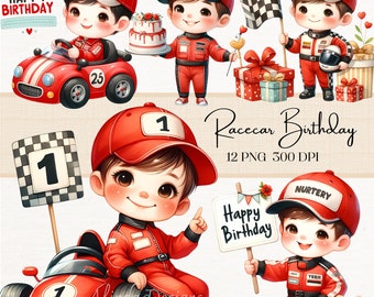 Racecar Birthday Boy Clipart, Kids Party Theme, Printable Racing Car Decorations, Boys Birthday Party Supplies, red race car happy birthday