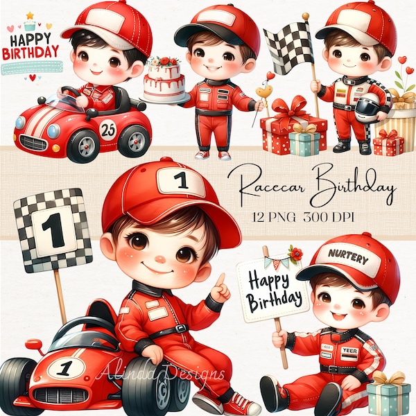 Racecar Birthday Boy Clipart, Kids Party Theme, Printable Racing Car Decorations, Boys Birthday Party Supplies, red race car happy birthday